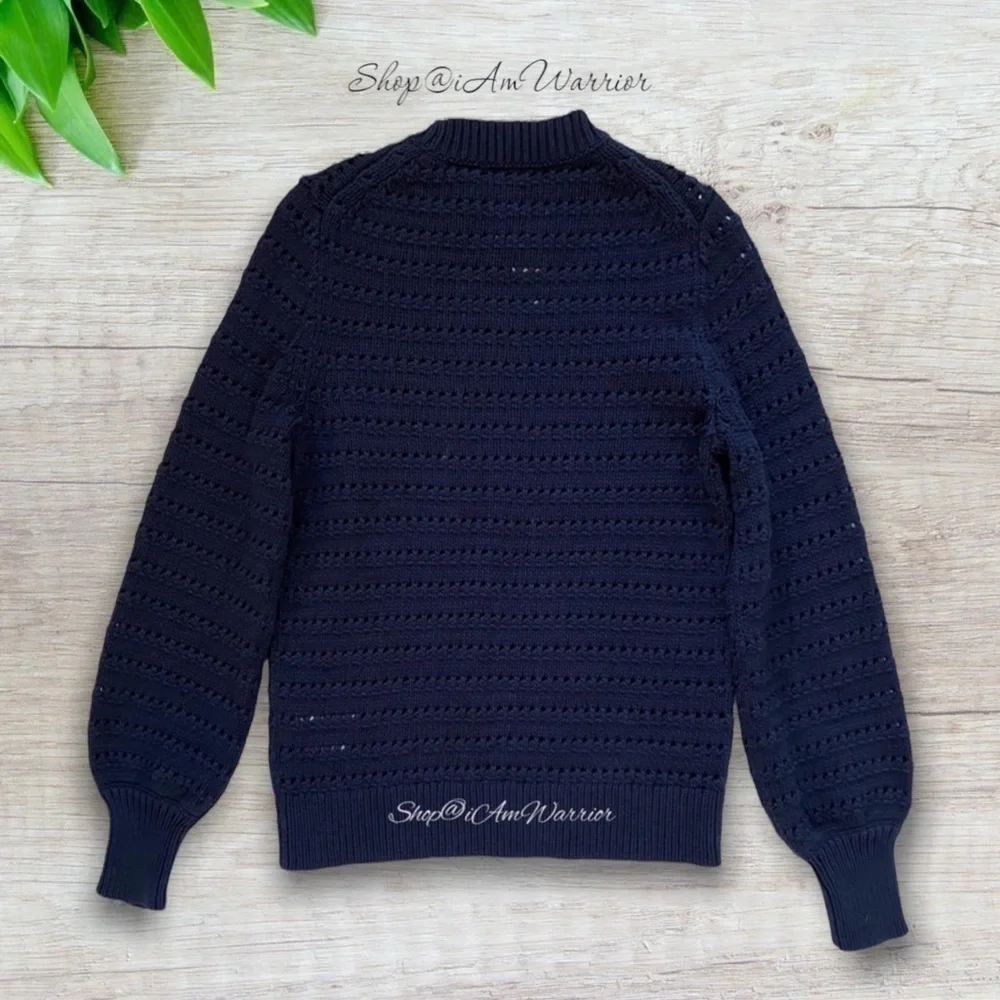 J.Crew NWT navy striped pointelle balloon sleeve cotton blend crewneck sweater
